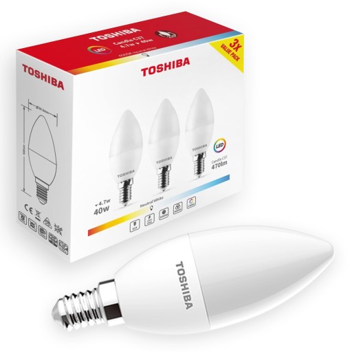 3x LED žiarovka E14 C37 4,7W = 40W 470lm 4000K neutrálna mliečna TOSHIBA
