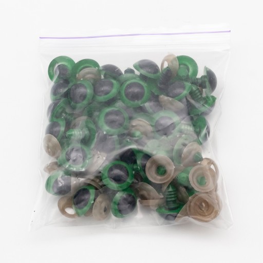 Bezpečnostné oči s niťami a svorkami na hračky, zelený plast 16 mm, 20 párov