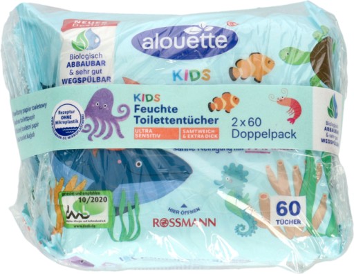 ALOUETTE Detský vlhčený toaletný papier 2x60 ks aqua 99% voda