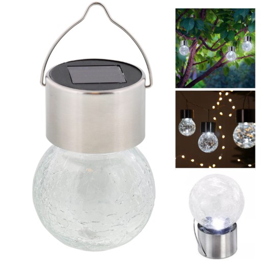 LED SOLARNÁ LAMPA ZÁHRADNÉ SKLENENÉ DEKORATÍVNE ZÁVESNÉ GUĽOVÉ BALKÓNOVÝ HÁK