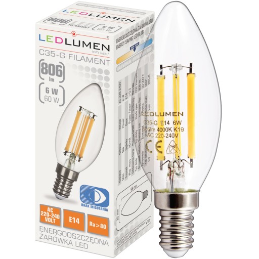 E14 LED SVIEČKOVÁ Žiarovka 6W=60W Vlákno 806lm Dekoratívne Bez blikania 4000K