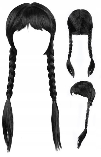 Streda Adams detská čierna parochňa s vrkočmi a ofinou