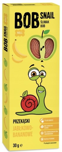 BOB SNAIL Občerstvenie, slimák, ovocné pásiky, jablko a banán, 30g ZDRAVÉ