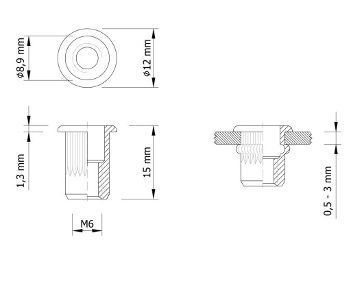 Nitovacia matica s drážkovaným nákružkom M6 x 15 mm