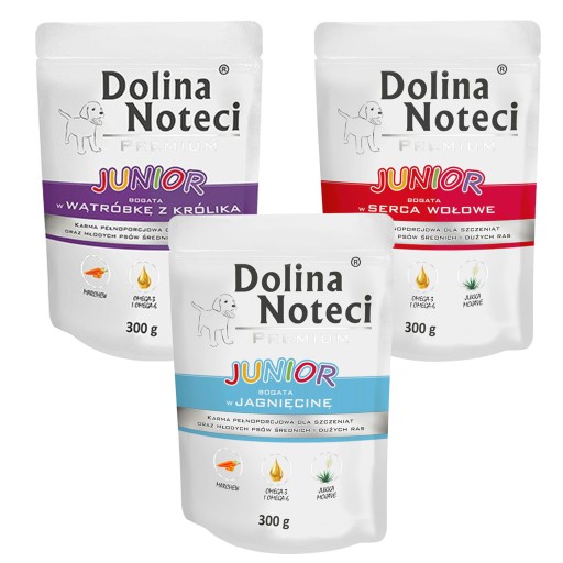 DOLINA NOTECI JUNIOR Mokré krmivo, mix príchutí, 3x300g