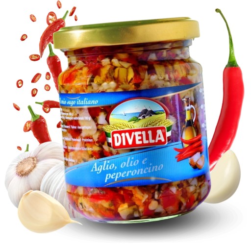 MIEŠAŤ AGLIO OLIO PEPERONCINO cesnak olivový olej feferónky v oleji Divella 190g