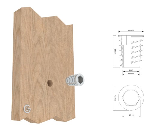 10x M10 x 20 mm nástrčná oceľová nábytková vložka skrutkovaná do dreva, typ DC