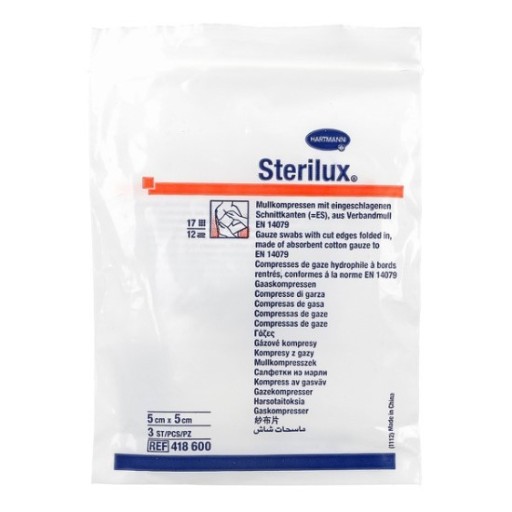STERILUX gázový sterilný bavlnený obklad 5x5 cm, jednotlivo balené, 3 kusy