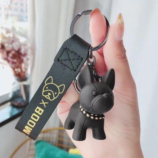 Prívesok na kľúče na kabelku, batoh, psíka, buldoga, čierny