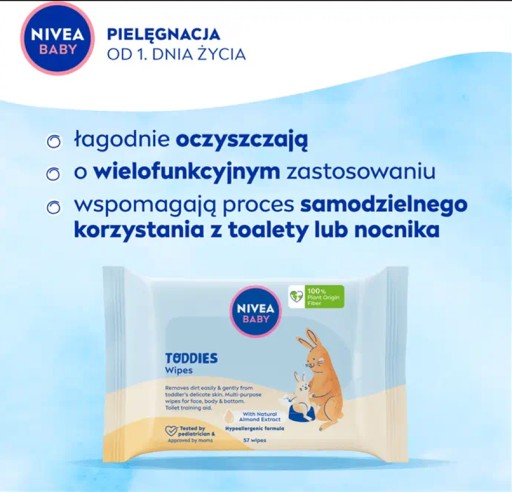 NIVEA BABY TODDIES BIOLOGICKY ROZLOŽITEĽNÉ VLHČENÉ UBROÚŠKY PRE BOJČATÁ 57 KS