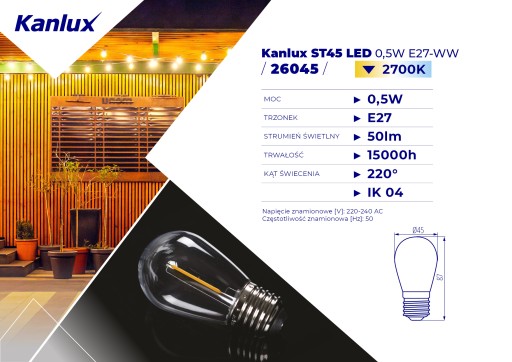 LED žiarovka ST45 FILAMENT girlandový svetelný zdroj A60 0,5W E27 50lm 4000K