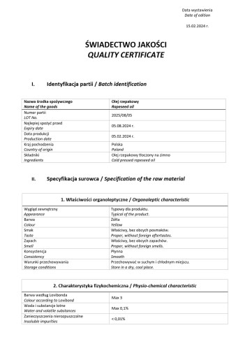 Giewont Oil Mill - Repkový olej 250 ml za studena lisovaný repkový olej