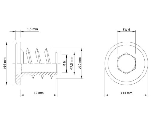 10x nátrubok na skrutkovanie M6 x 12 mm s nákružkom na drevo, ľavý závit