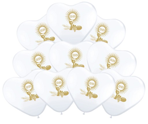 Communion Balloons HEARTS White with Gold Print IHS Communion COMMUNION 10 ks.
