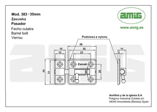 Bolt Bolt Mosadzný Bolt Lock 38x34mm