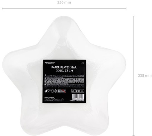 Papierové taniere STAR, zlaté, 23 cm, 6 ks, k narodeninám, hviezda, chróm, XL