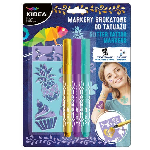 Kidea Glitter fixky na tetovanie so šablónami, 3 kusy, umývateľné