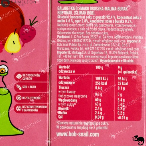 SNAIL BOB RELÉ ŽELÉ ovocný snack bez cukru HRUŠKA MALINA 27g