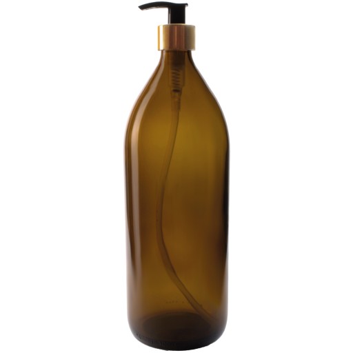 SKLENENÁ FĽAŠA s pumpičkou a dávkovačom na mydlo, tekutý sprchový gél, 1 liter