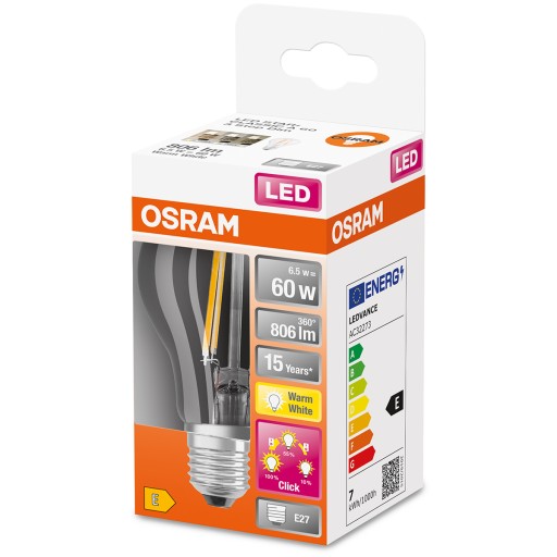 LED žiarovka E27 6,5W=60W STMIANITEĽNÁ TEPLÁ OSRAM