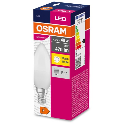 LED SVIEČKOVÁ žiarovka E14 4,9W 40W 470lm OSRAM 2700K