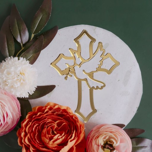 Topper DECOR na sväté prijímanie zlatý CROSS prelamovaný KRÍŽ s holubičím zlatým zrkadlom
