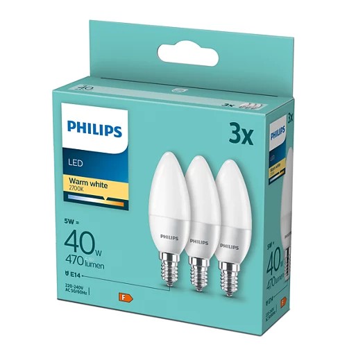 3x E14 Philips LED žiarovka 5W = 40W / 470 lumenov / teplá farba 2700K