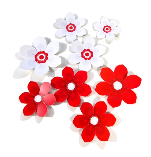 3D dekorácia KVETY - PATRIOTICKÁ BIELA A ČERVENÁ (obojstranná, 8 ks)