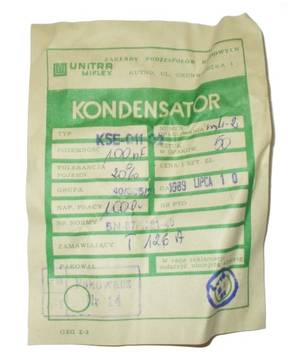 KONDENZÁTOR KSE 011-02 100nF 1000V 1kV 10 ks = 10 PLN