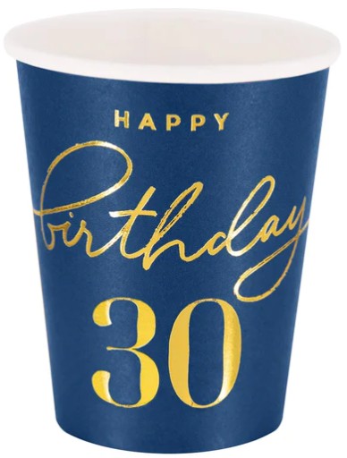 Happy Birthday 30th Birthday Navy Blue Party papierové poháre 220ml 6ks.