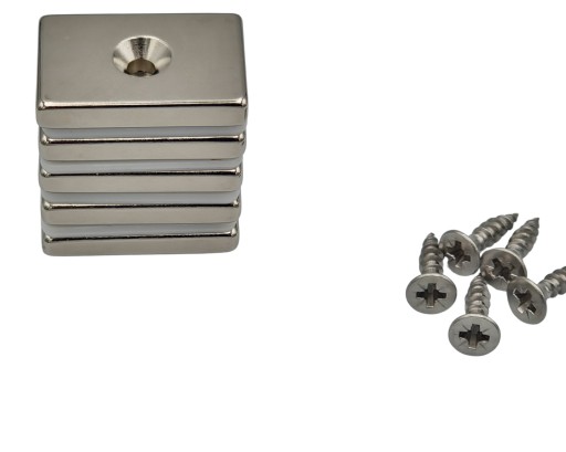 Neodymový tanierový magnet 30x20x5 N42 s kónickým otvorom 8/4 mm + 2x skrutka