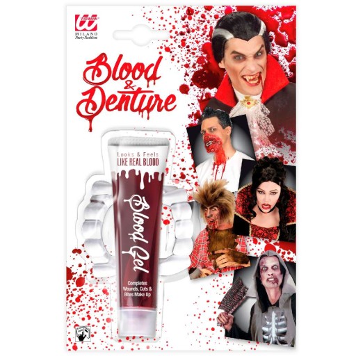 sada UMELÁ KRV v tube 28 ml VAMPIRE JAWS zuby TESY halloween