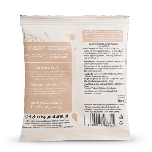 CRISPY NATURAL Sušené jablkové lupienky, jablko, pomaranč a pikantné 18g