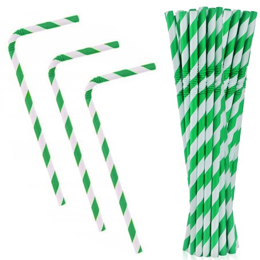 Rúrky z papierovej slamy lomené zelené pruhy 20cm 12 ks