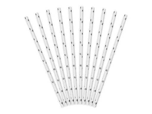Papierové slamky, biele, strieborné hviezdičky, 25 ks, 20 cm