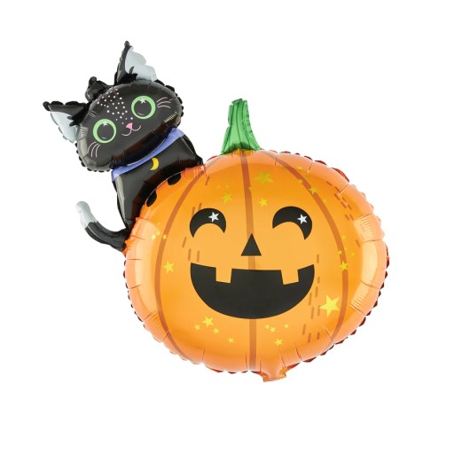 Tekvicový fóliový balón s halloweenskym mačiatkom, 69 x 84 cm