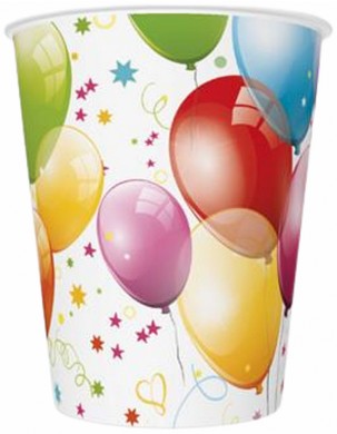 Farebné papierové poháre BALÓNKY Balónky Narodeninová párty 250 ml 8 ks.