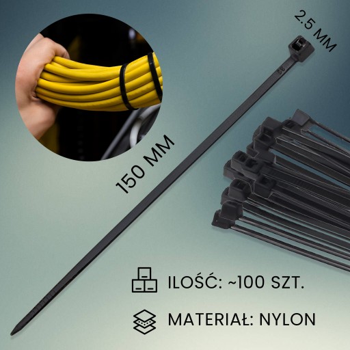 Sťahovacie pásky, zipsy, sťahovacie pásky, čierne, 2,5 x 150 mm - 100 ks.
