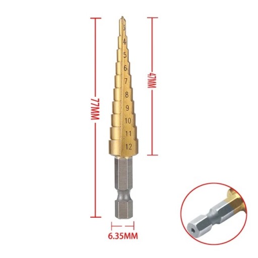 VRTÁK DO KOVU 3 - 12 mm 1/4 ŠESTIHRANNÝ PLECH UNIVERZÁLNY KUŽELOVÝ STUPEŇ