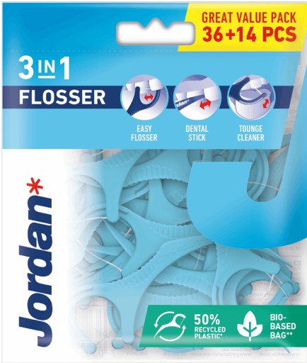 JORDAN FLOSSER 3V1 TOOTPITS SO ZUBNÝM Flosserom TONGUE CLEANER 50KS