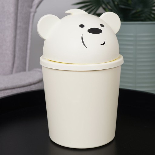 Odpadkový kôš s medvedíkom, mini, malý, stolný kúpeľňový kôš, biely, 1,5L