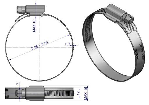 Zosilnená upínacia svorka 35-50 nerezový červ 12mm TEGER 6 kusov