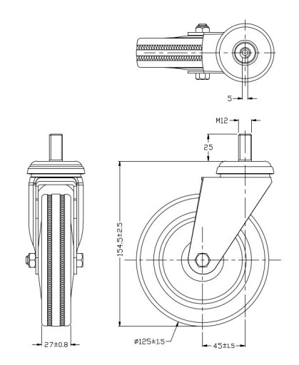OTOČNÉ KOLESO VOLANT 125MM 100KG DRŽIAK M12