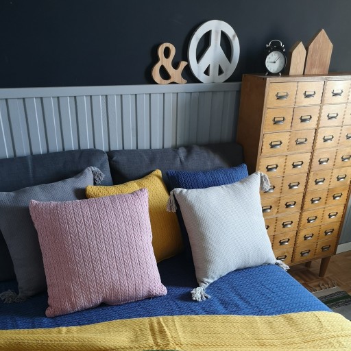 Bavlnená obliečka na vankúš 40x40 námornícka modrá rybia kosť, štýlový boho loft