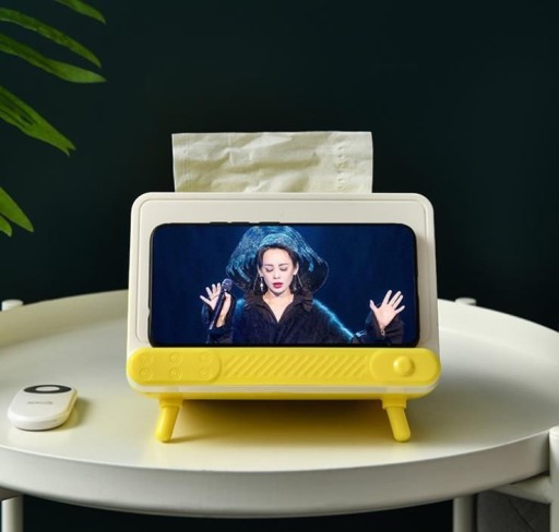 Krabička na vreckovky so žltým držiakom na telefón