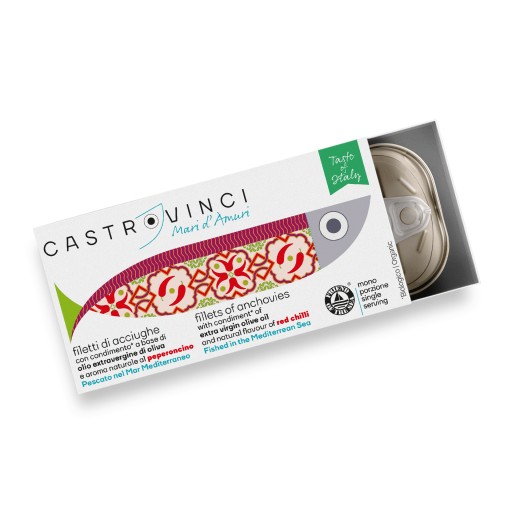 CastroVinci sardelové filety s olivovým olejom s príchuťou čili 48g plechovka