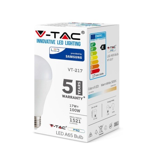 V-TAC LED žiarovka SAMSUNG CHIP 17W E27 A65 VT-217 3000K 1521lm Záruka 5 rokov