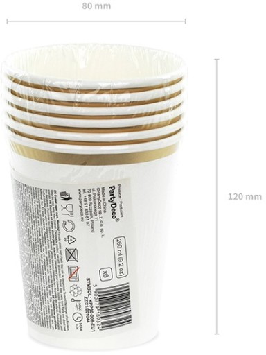 Papierové poháre BIELE ZLATÉ na narodeniny, sväté prijímanie, svadby, 260 ml, 6 ks