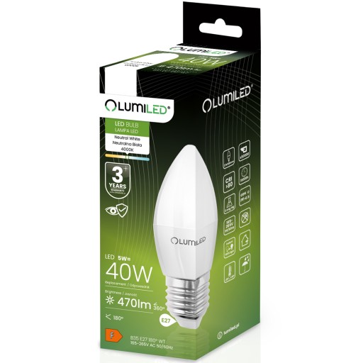 E27 LED žiarovka SVIEČKA 5W = 40W 4000K NEUTRÁLNA BIELE CCD SVIEČKA LUMILED
