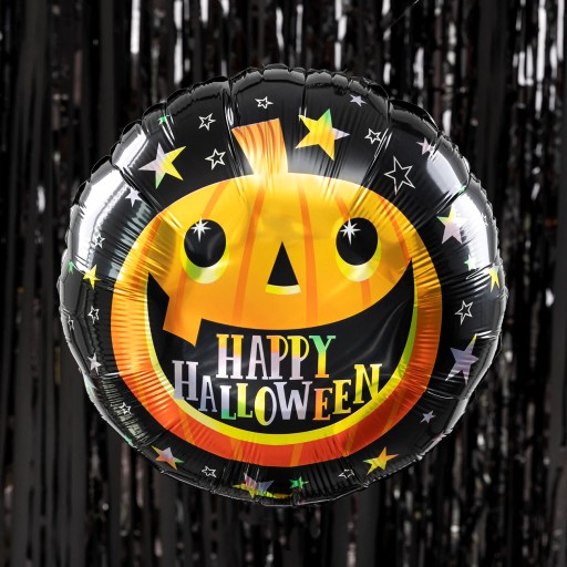 HALLOWEENSKÝ FÓLIOVÝ BALÓN, okrúhly, ČIERNA, TEKVICA HAPPY, DUCH, NÁVOD, 45 cm